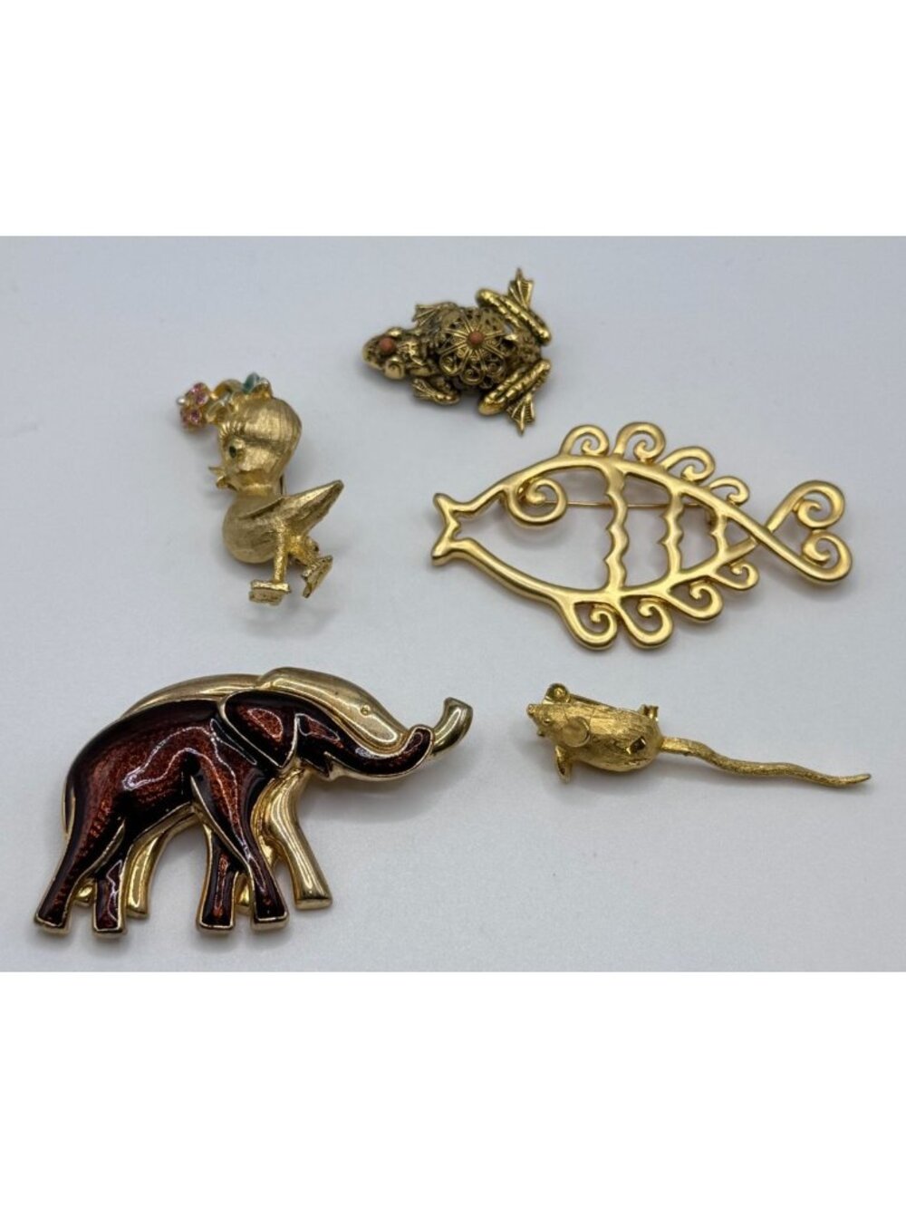 Vintage Gold-Tone Animal Brooch Set Featuring Elephant Fish Duckling Frog Mouse